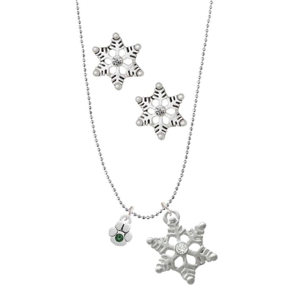 Delight Jewelry Silvertone Mini Paw with Green Crystal Silver tone Snowflake Charm Necklace and Stud Earrings