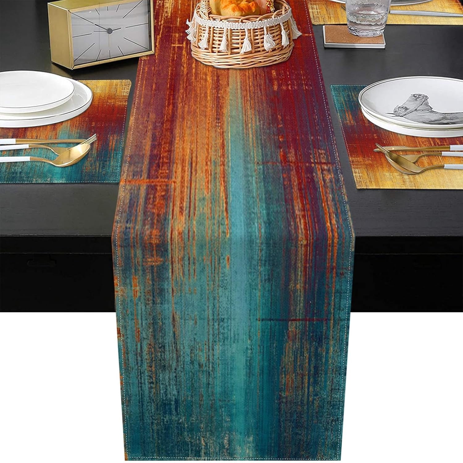 Blue Orange Table Runner and Placemats Set of 6, Vintage Abstract Messy Rust Painting Art Dining Decor for Daily Use(1 Table Runner 72 inches Long and 6 Placemats)