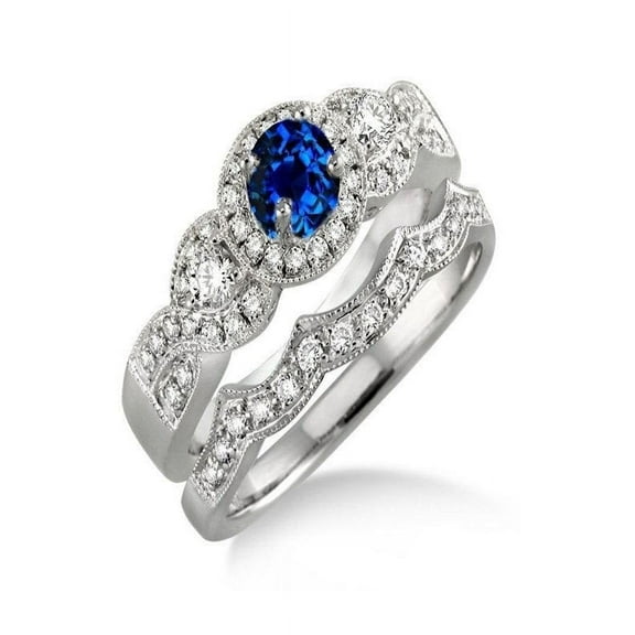 1.5 Carat Sapphire and Diamond Halo Bridal Set in 14k White Gold affordable sapphire & diamond engagement ring