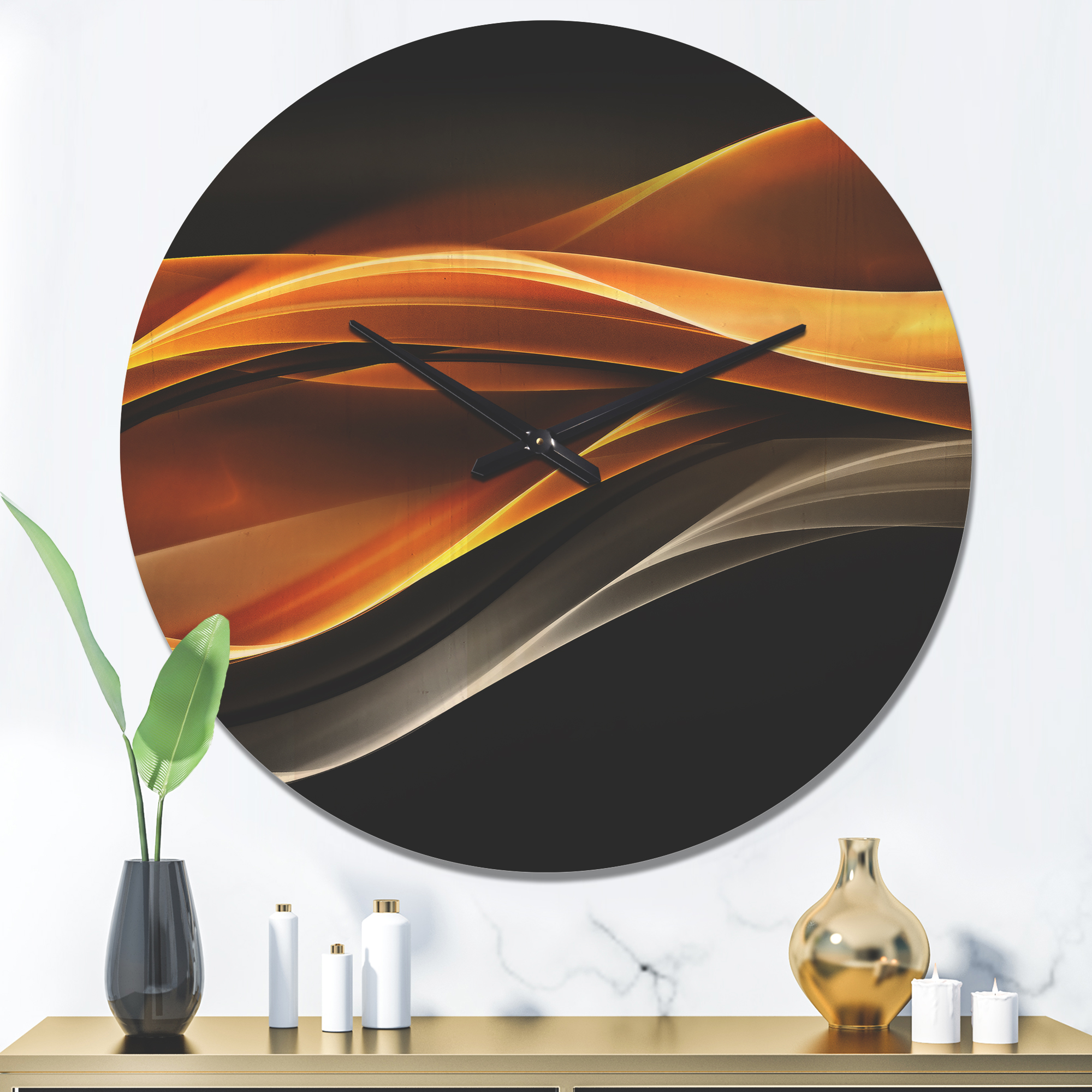 Designart 'Gold Silver Inward Lines On Black' Modern Wood Wall Clock
