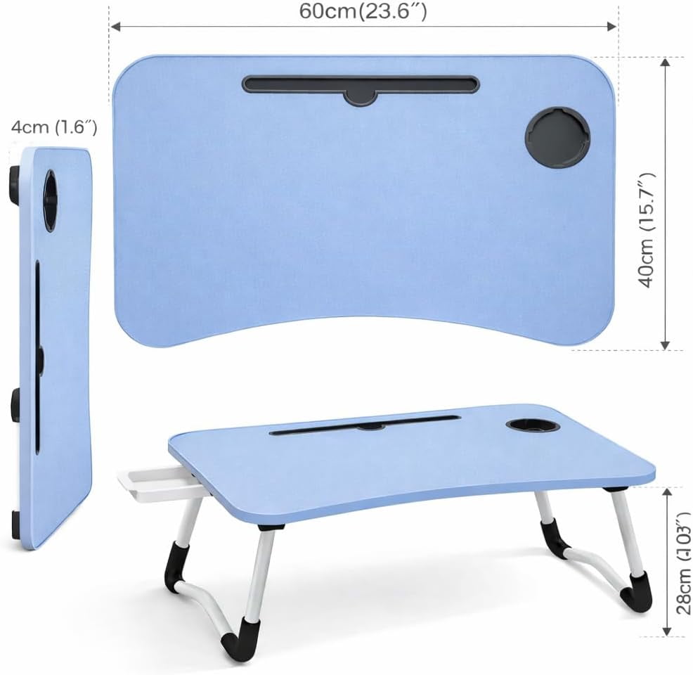 WSA Foldable Lap Desk with Drawer & Cup Holder, 23.6” Portable Laptop Bed Tray Table with Tablet Slot, Non-Slip Laptop Desk for Bed Couch Sofa, Working Writing Eating Breakfast (Blue)