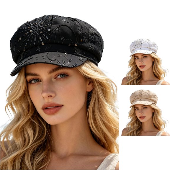LIUYUNNN 70s Hat Women Breathable Casual Fashion Mesh Sequin Beret Hat, One Size