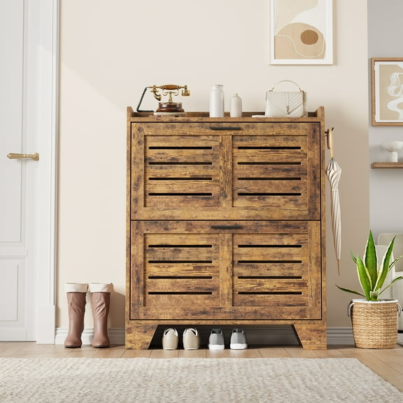 Narrow Shoe Cabinet for Entryway, Slim Shoe Cabinet with 2 Flip Drawers, Farmhouse Thin Shoe Organizer Cabinet with Hooks for Entrance, Hallway, Front Door