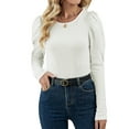 thumbnail image 3 of Defitshape Women's Puff Sleeve Shirt Ladies Slim Fit Tshirt Fall Tee Solid Casual Billow Ruched Blouse Puffy Shoulder Long Sleeve Top Fitted White 10-12, 3 of 5