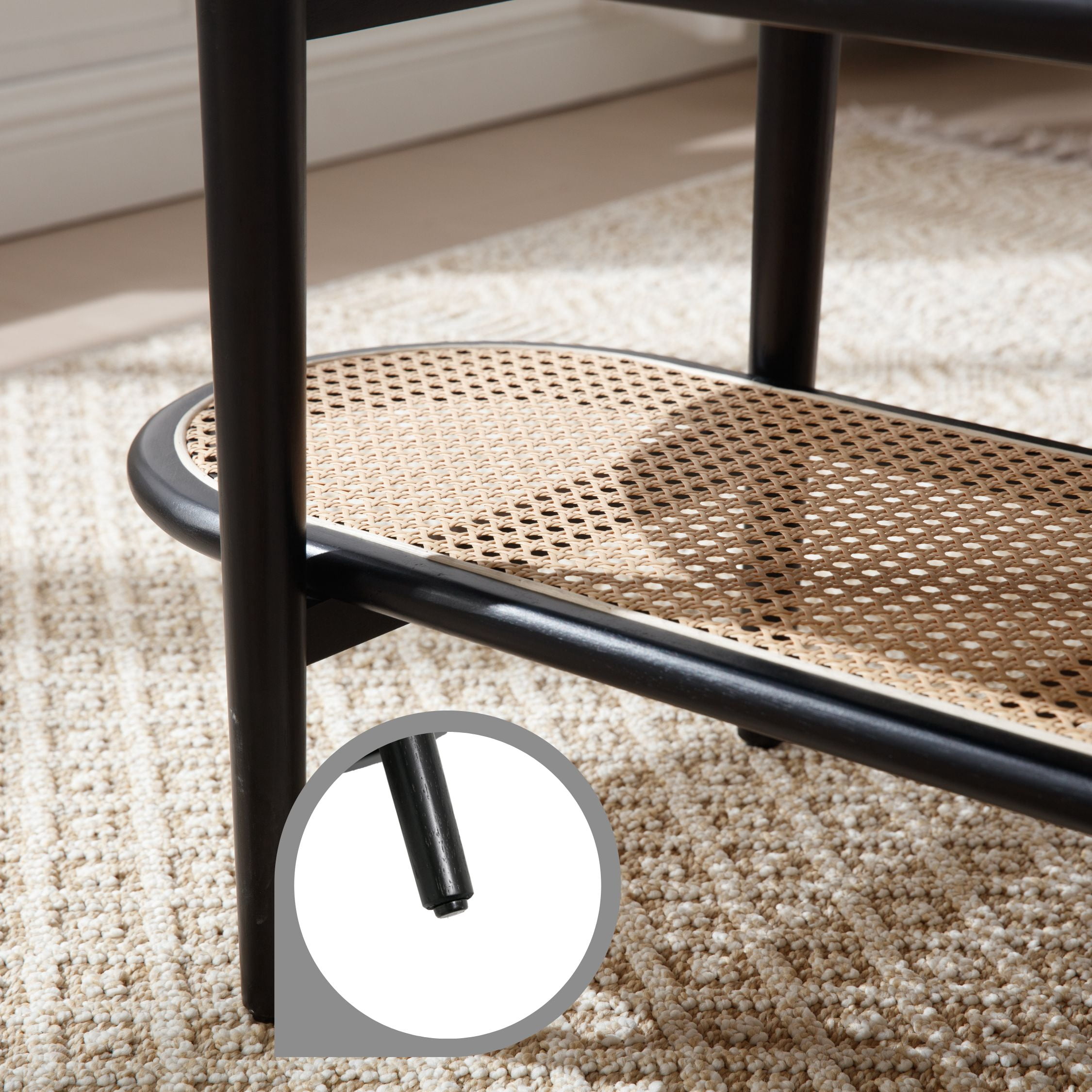 Dayalane Black Rattan Coffee Table,Mid-Century Modern 2-Tier Center Table with Storage Shelf Wooden Top for Living Room, Bedroom or Small Spaces