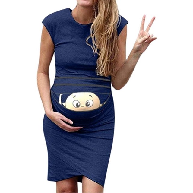 Las mujeres imprimen los accesorios de maternidad de maternidad embarazada Cute Baby Bodycon Casual Mini vestidos Adepaton LRWJ162-12