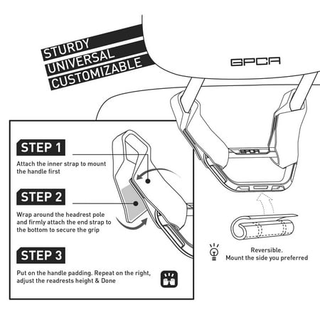 GPCA Headrest Grab Handles PRO Universal for Jeep, Truck,Sports Car,Easy headrest Pole Mount for 4X4 Off-Road Backseat Passengers. GP Back Grip Patent Pending. (Black Aluminum)