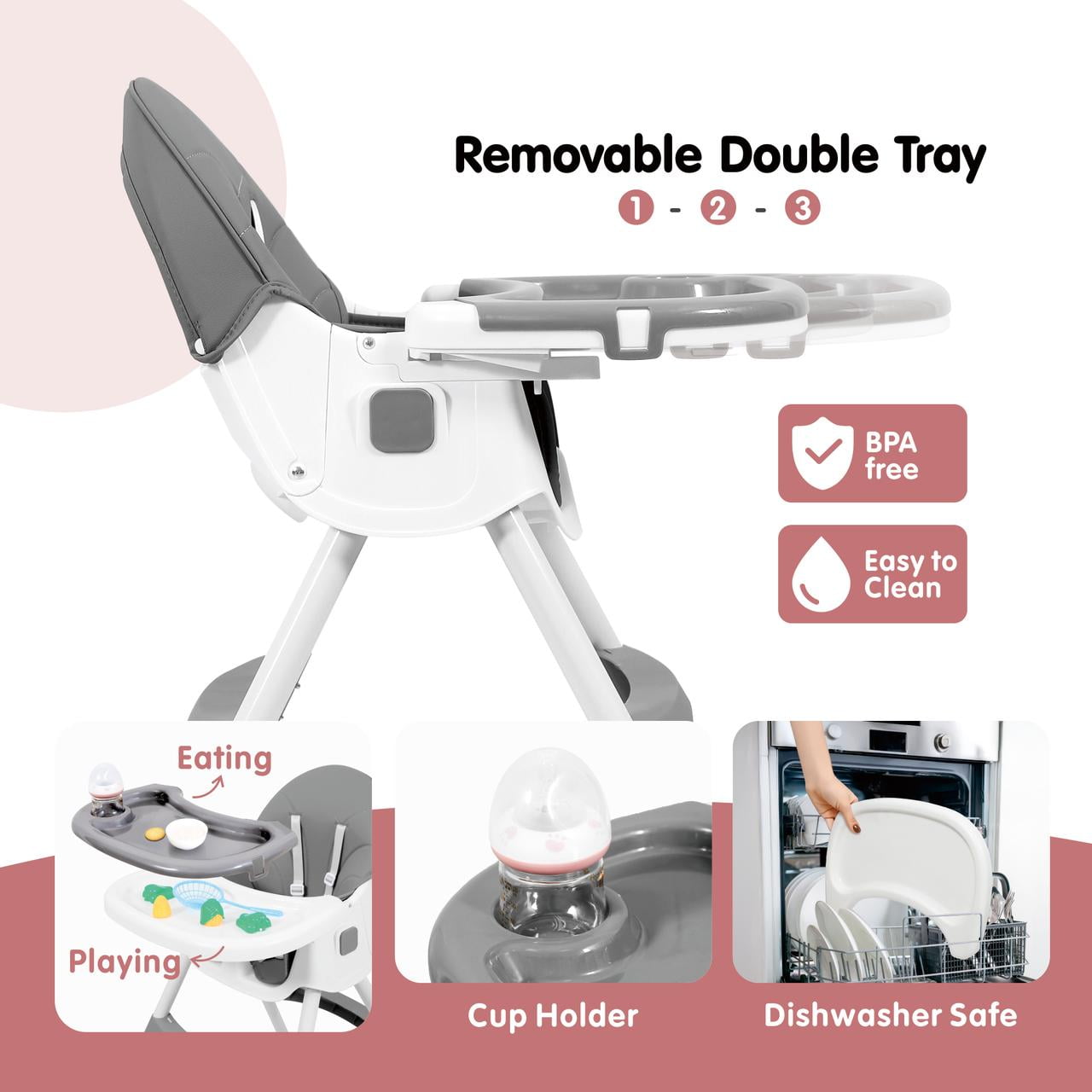 Aprpink 6 in 1 Baby Convertible High Chair Seat with 5 Point PU Safety Harness Gray Striped
