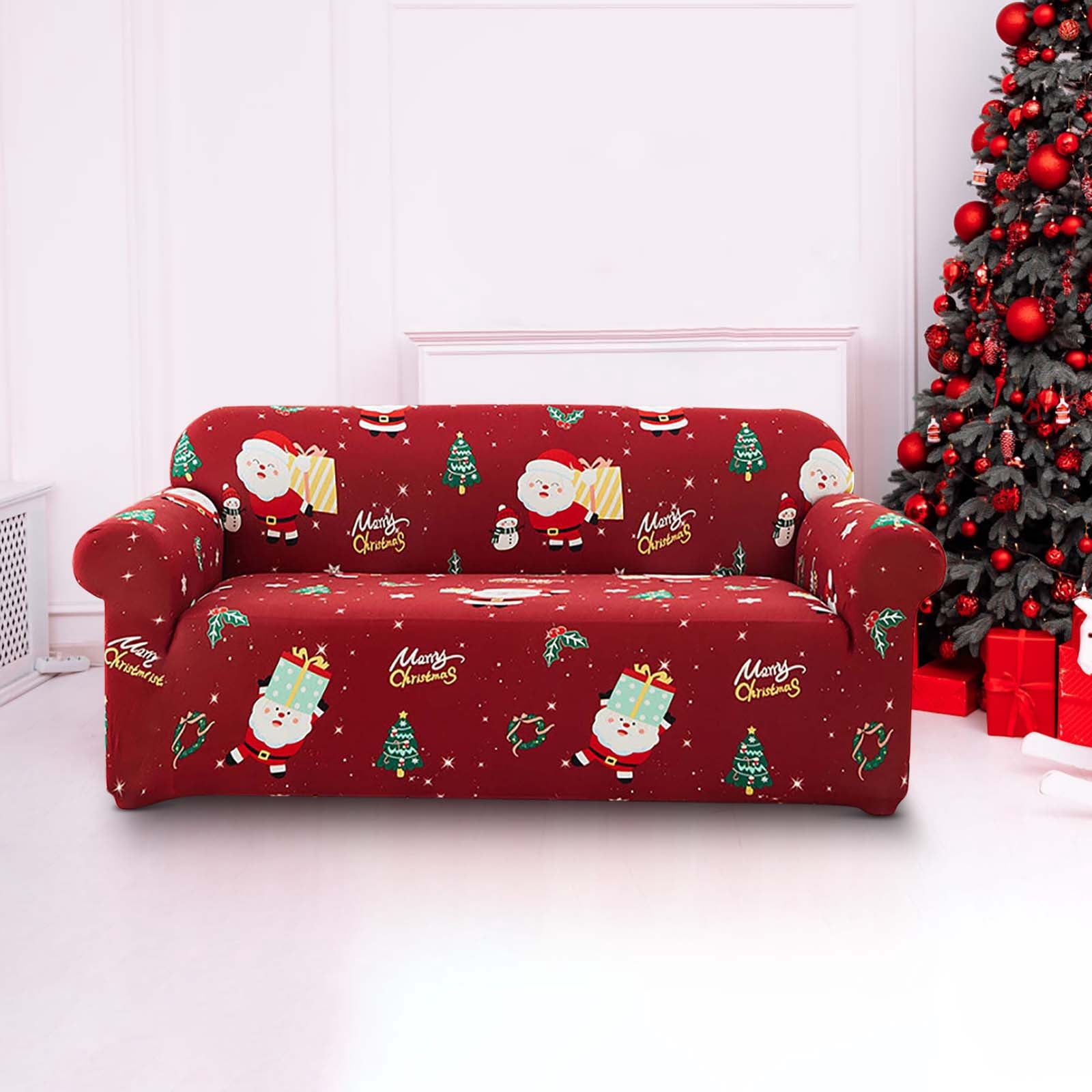 Loyerfyivos Christmas Sofa Cover Santa Claus Printed Sofa Couch Cover Washable Furniture Protector with Elastic Bottom Xmas Home Room Festival Decoration (3 Seater)