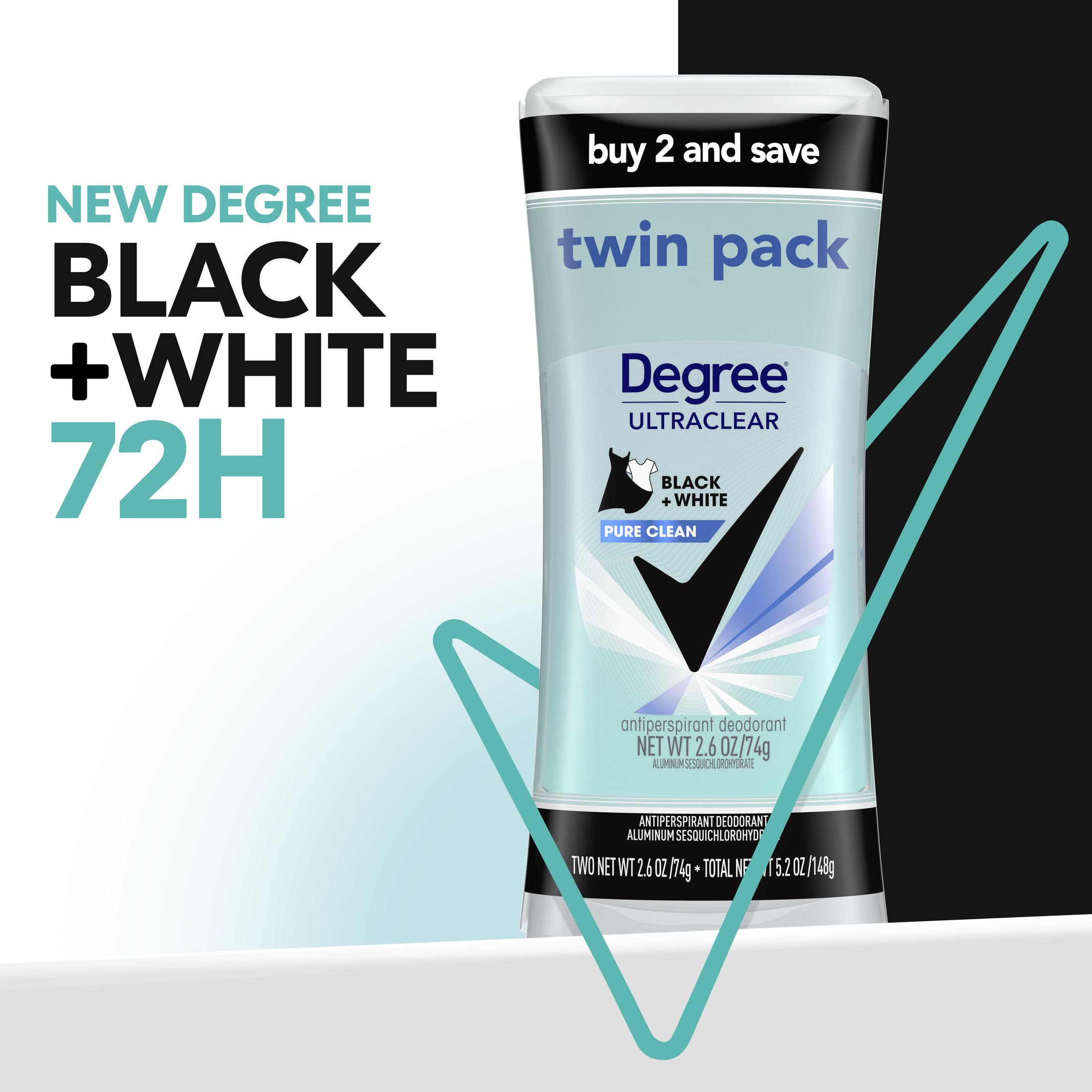 Degree Ultra Clear Long Lasting Women's Antiperspirant Deodorant Stick Twin Pack, Pure Clean, 2.6 oz - image 5 of 11