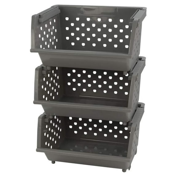 Gray Plastic Stacking Organizer Basket, Stackable Storage Basket, Set of 3