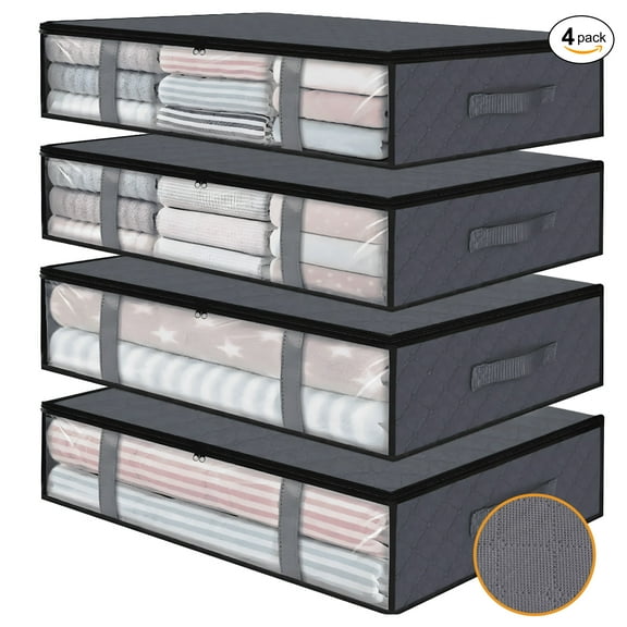 Kaibinsi Under Bed Storage Containers,4pcs Large Bins with Reinforced Handles Foldable Containers, for Blanket, Pillows,Comforters,42L