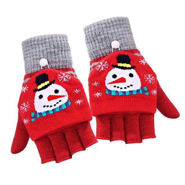 2 guantes navideños de medio dedo con solapa de punto con dibujos animados navideños y dedos abiertos, cálidos, 733