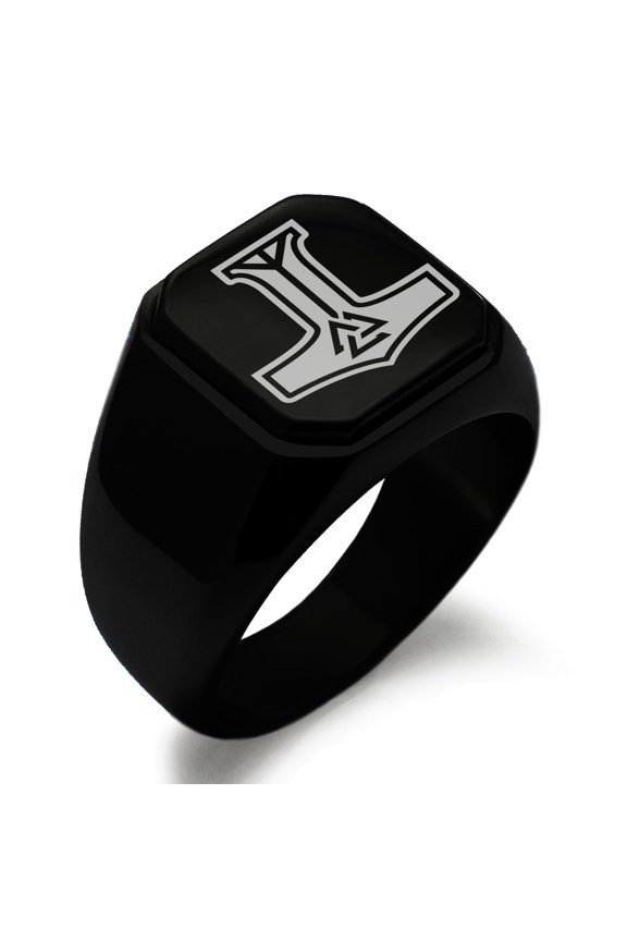 Stainless Steel Valknut Mjolnir Thor's Hammer Engraved Square Flat Top Biker Style Polished Signet Ring