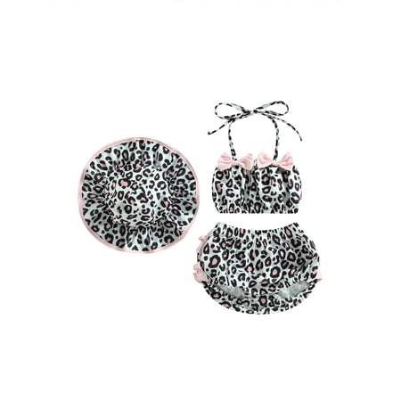 

Qtinghua Infant Baby Girls Swimsuit Bikin Set Sunflower Crop Top Ruffle Shorts Hat 3Pcs Swimwear Bathing Suit Summer Beachwear Leopard Print 0-6 Months