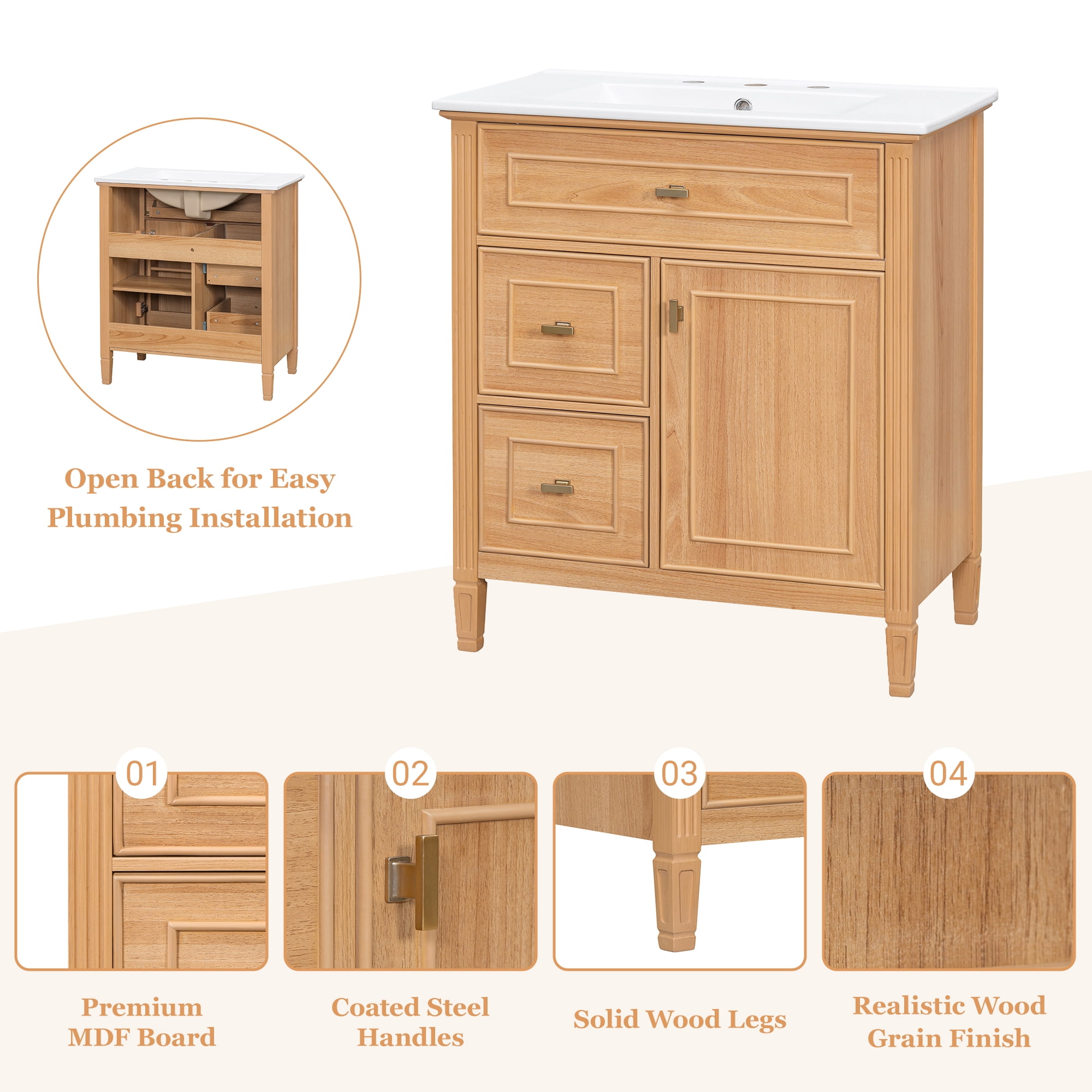 30-Inch Bathroom Vanity with Ceramic Sink and Flip Drawer, Solid Wood Cabinet with Adjustable Shelf for Bathroom, Natural