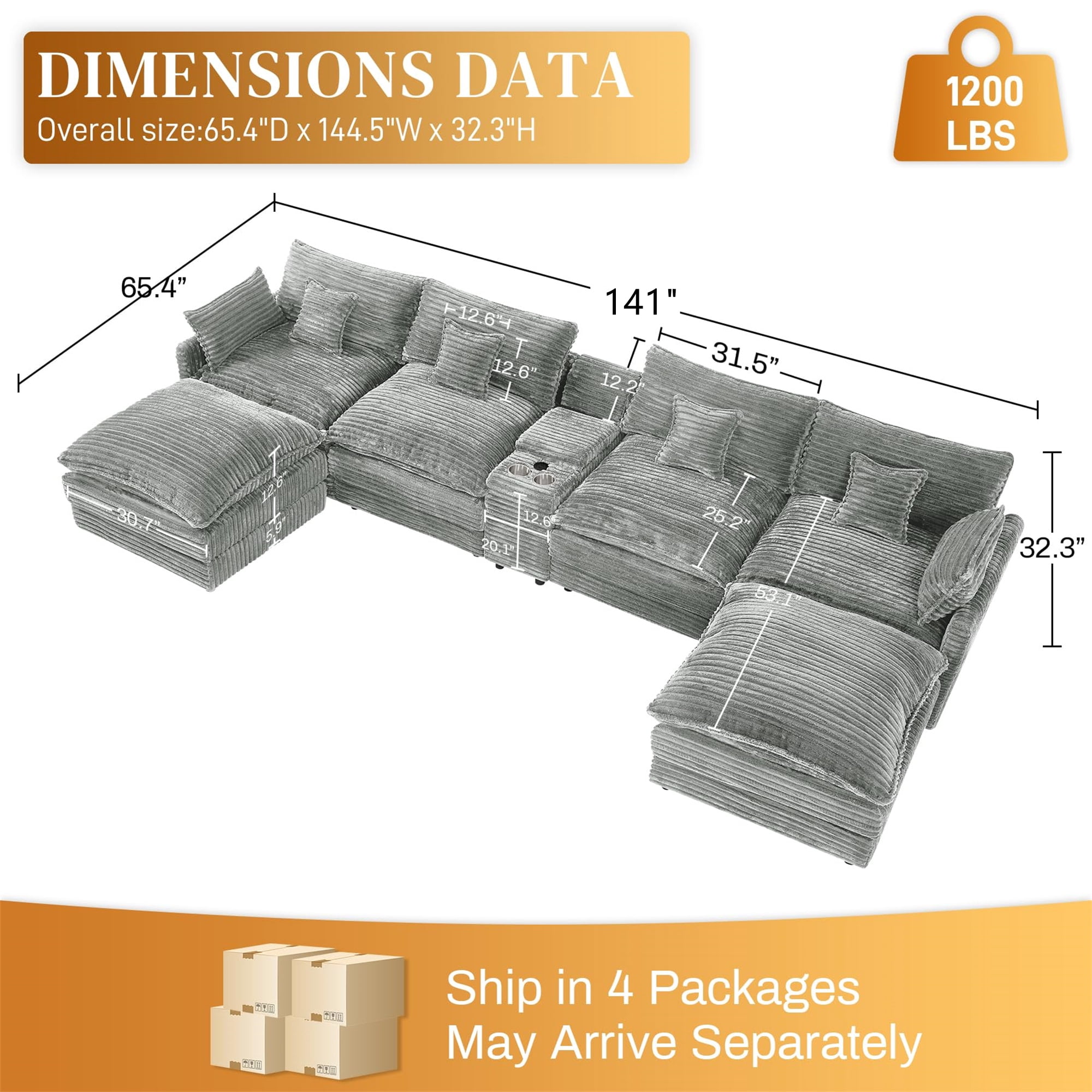 Aukfa 141" U Shaped Cloud Couch Oversized Sectional Sofa with USB & Cup Holder Storage Console Modular Sofa for Living Room, 2 Ottoman, Corduroy, Light Gray