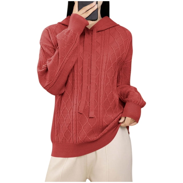 ShomPort Casual Sweaters for Womens Drawstring Long Sleeve Hooded Textured Tops Lightweight Going Out Solid Color Cozy Soft Blouses