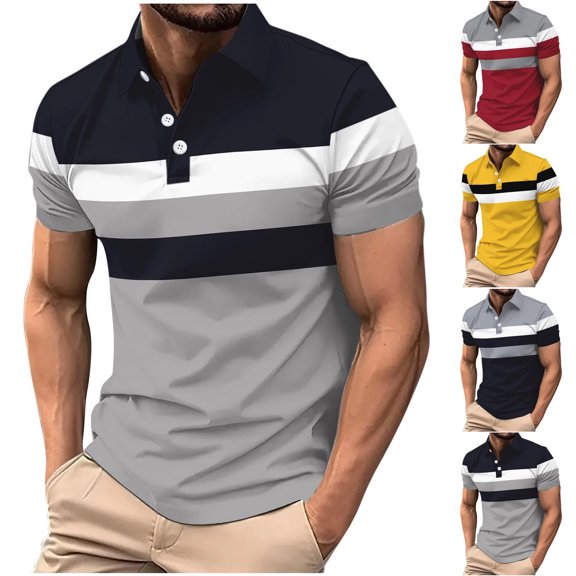 Dagugfen Shirts for Men Summer Button Lapel V Neck Short Sleeve Strip Slim Breathable Work Casual Tops