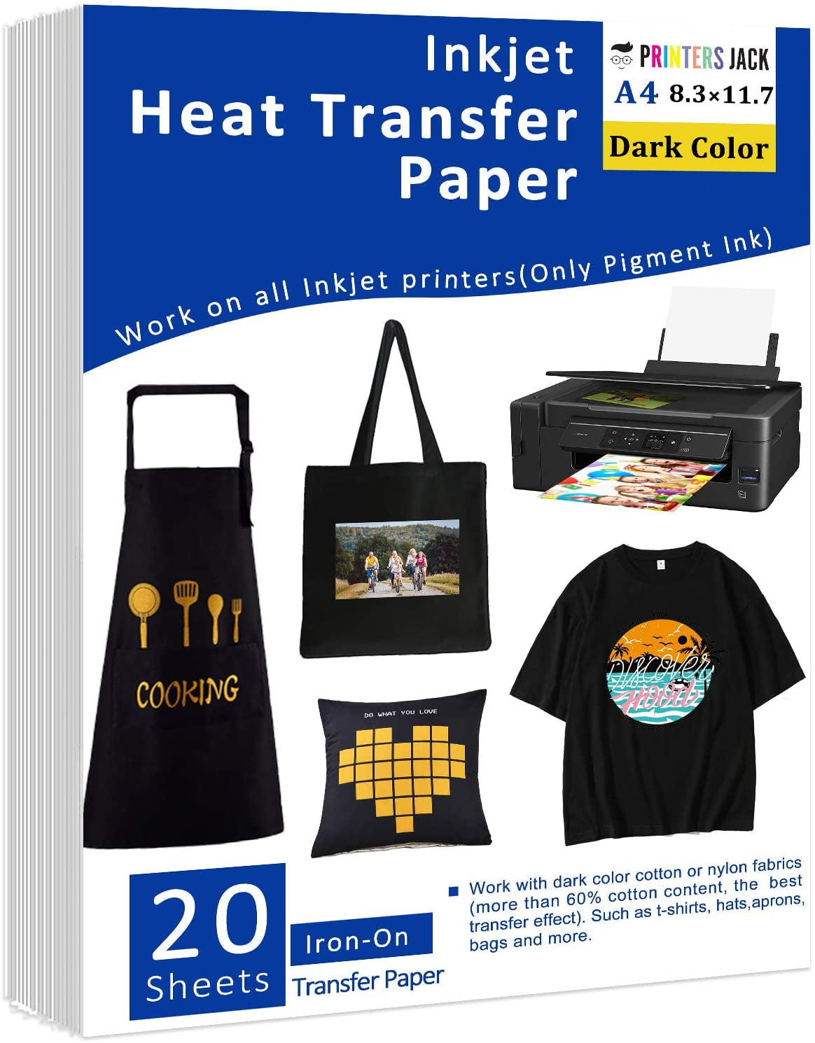 Long Lasting Transfer No Cracking Heat Transfer Paper for Inkjet Printers Iron On Transfer Paper for Dark Fabric T shirts Printable Heat Transfer Vinyl 8.5x11 Pack of 20 Sheets Wash Durable 
