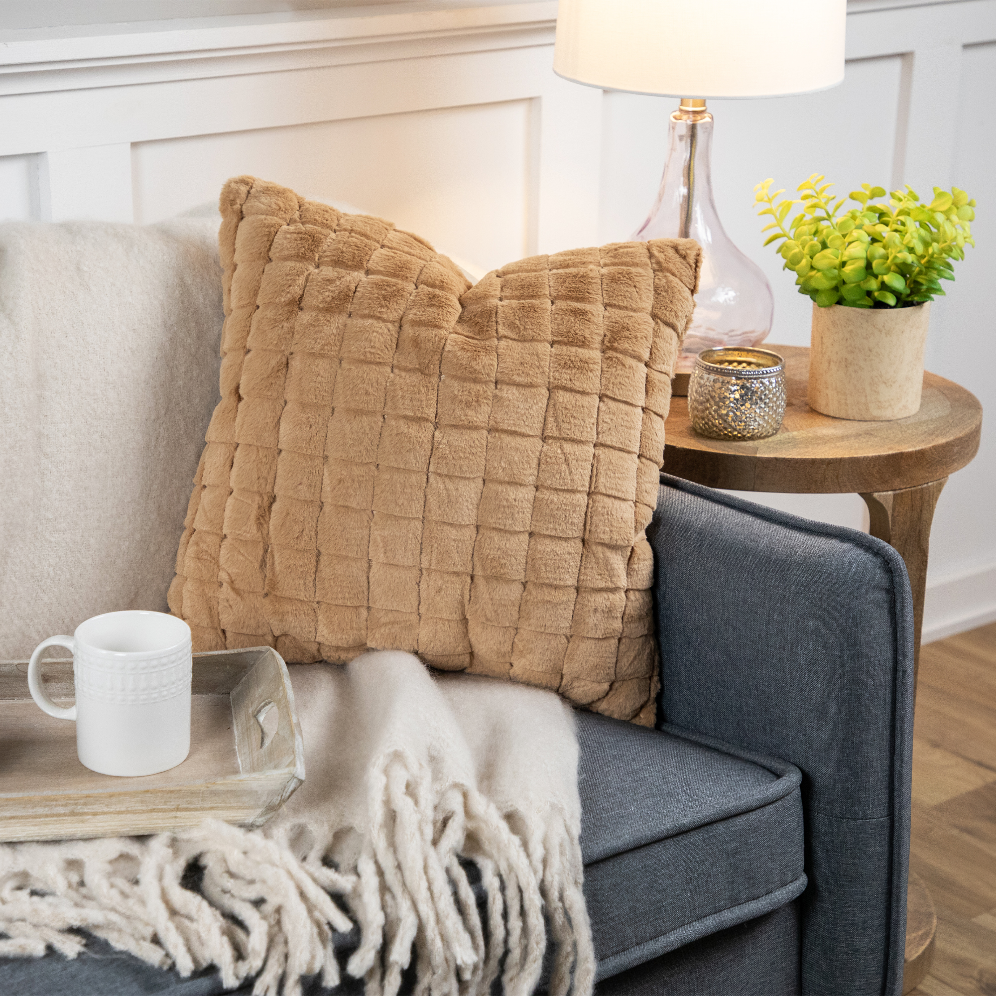 17" Khaki Rabbit Faux Fur Plaid Pattern Square Throw Pillow