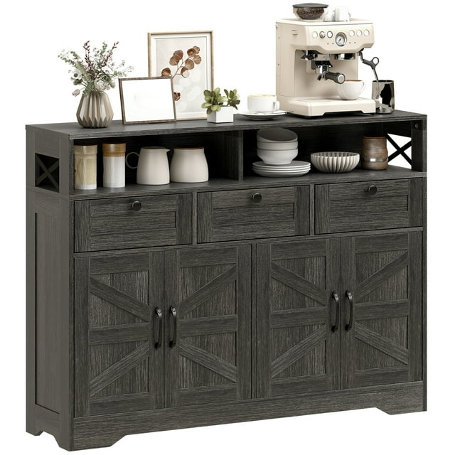 HOMCOM Buffet, Armoire Buffet avec 4 Portes de Grange et 3 Tiroirs Brun Foncé