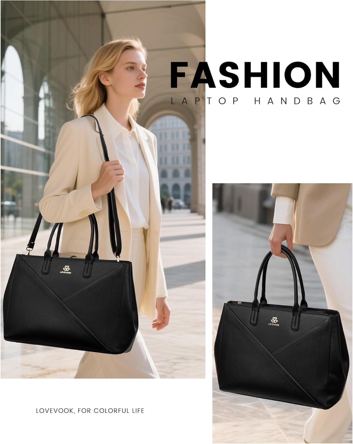 LOVEVOOK Laptop Tote Bag for Women with Large Cup Holder, 15.6 Inch PU Leather Work Bag Teacher Tote Bag, Waterproof Computer Bags Business Office Briefcase Handbag