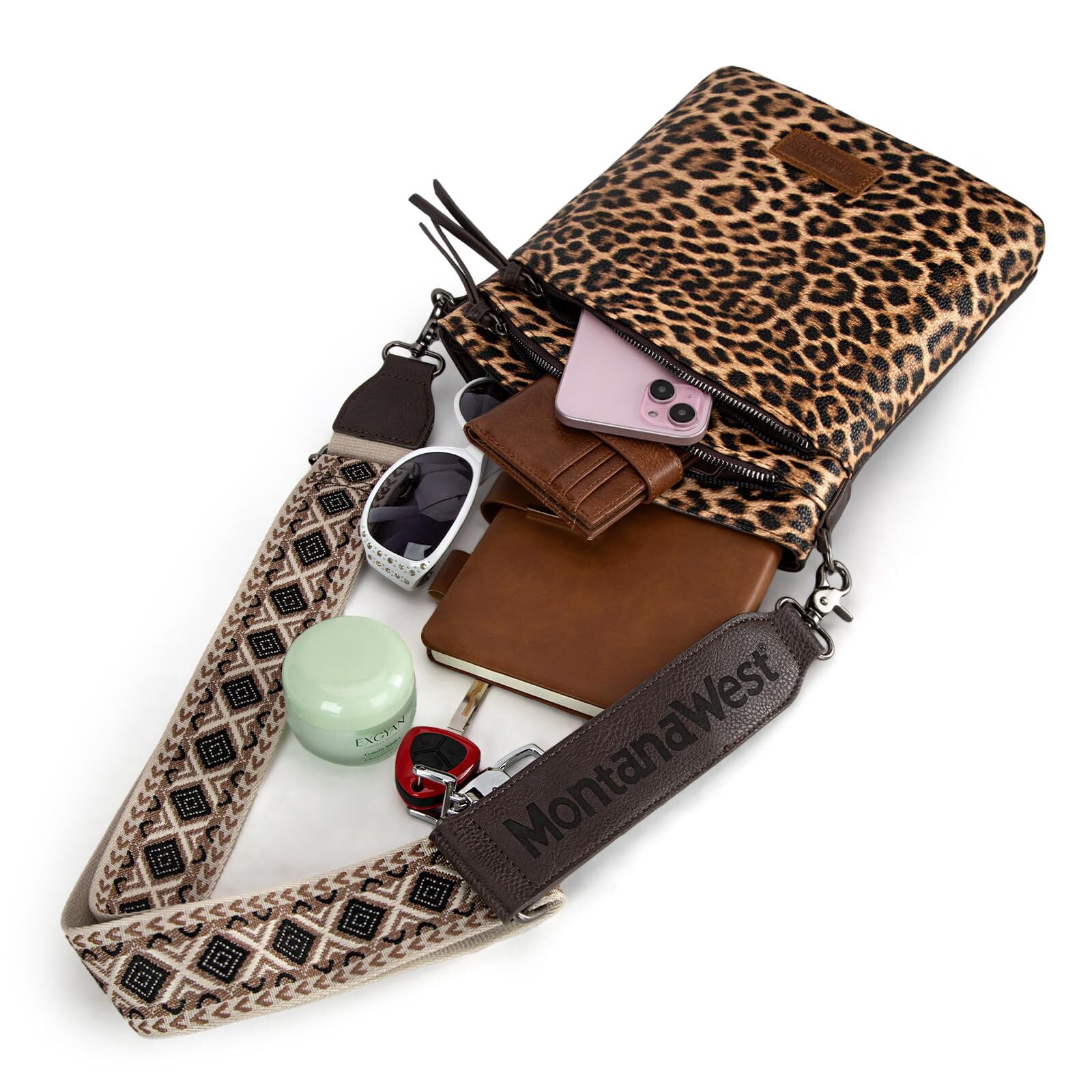 Montana West Multi Zip Pocket Large Crossbody Bag With Guitar Strap, C-Leopard