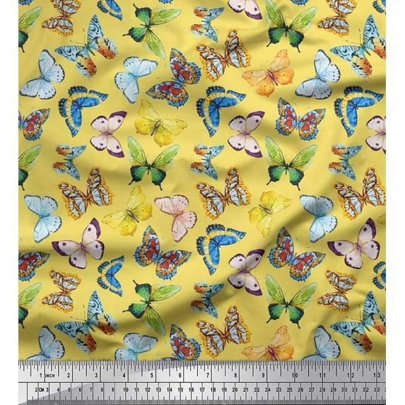 Soimoi Yellow polyester Crepe Fabric Colorful Butterfly Print Sewing Fabric Yard 52 Inch Wide