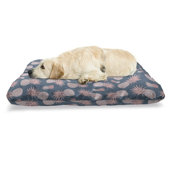 Tropical Pet Bed, Vintage Exotic Island Pineapples and Little Polka Dots in Pastel Tones, Resistant Pad for Dogs and Cats Cushion with Removable Cover, 24" x 39", Rose and Slate Blue, by Ambesonne