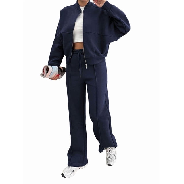 Conjuntos de Salón para Mujer, Conjunto Deportivo de 2 Piezas, Sudadera, Pantalón Deportivo de Pierna , Conjunto Deportivo A Juego Azul Oscuro M