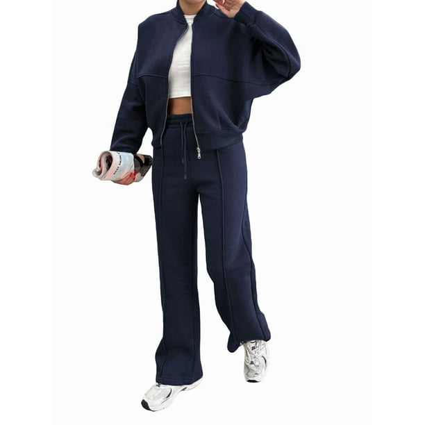 Conjuntos de Salón para Mujer, Conjunto Deportivo de 2 Piezas, Sudadera, Pantalón Deportivo de Pierna , Conjunto Deportivo A Juego Azul Oscuro L