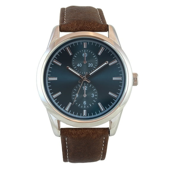 Silver Tone Men's 41mm Teal Blue DIal Brown Strap Watch. Adults 13 