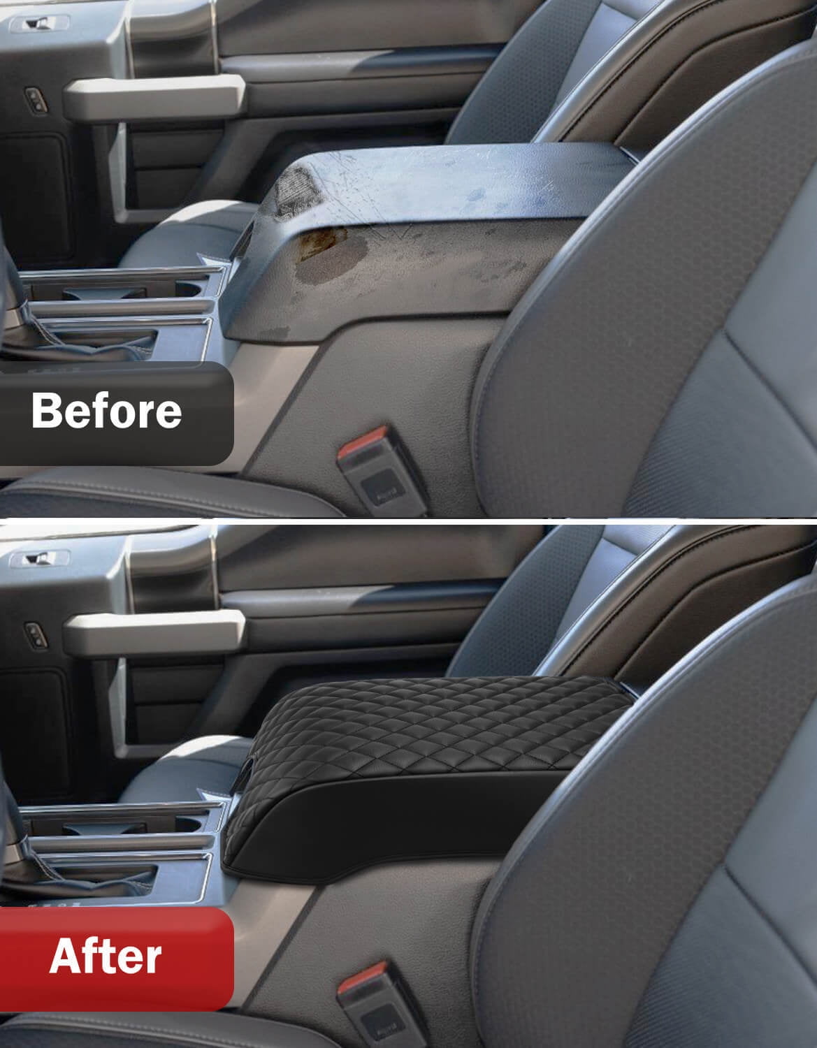KBH Ford Center Console Cover for 2015-2020 F150 Accessories, 2017-2022 F250-F550/2018-2024 Expedition, Black Leather Middle Console Cover Cushion Pad for Truck Interior (Bucket Seat)