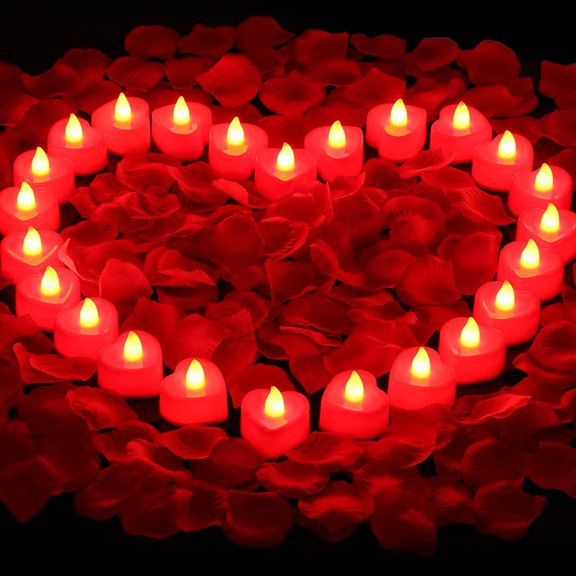 Rose Petals for Romantic Night - Artificial Red Rose Petals with LED Candles for Decoration, Wedding, Valentine's Day