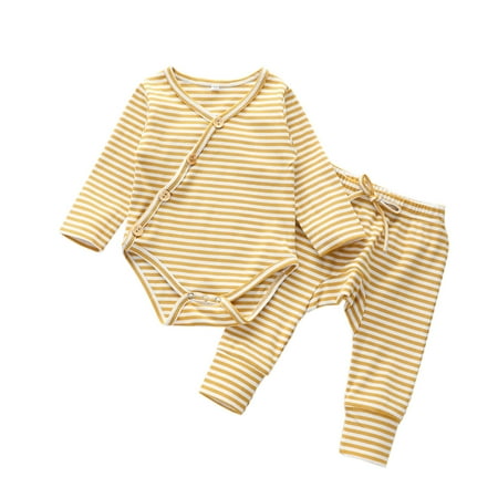

Fesfesfes Infant Baby Jumpsuit Boys Girls Long Sleeve Striped Romper Bodysuit+Pants Outfits Set Clearance Under $10