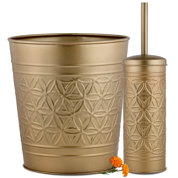 Autumn Alley Farmhouse Gold Bathroom Accessories Set – Includes Gold Bathroom Trash Can & Toilet Brush with Holder, Handcrafted Modern Waste Bin & Standing Toilet Brush, Embossed Metal Design Décor