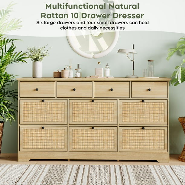 Brafabhome Natural Rattan 10 Deep Drawers Dresser for Bedroom, Modern Light Wood Wicker Chest Double Dresser with Smooth Metal Slides | Beige Brafabhome Natural Rattan 10 Deep Drawers Dresser for Bedroom, Modern Light Wood Wicker Chest Double Dresser with Smooth Metal Slides | Beige