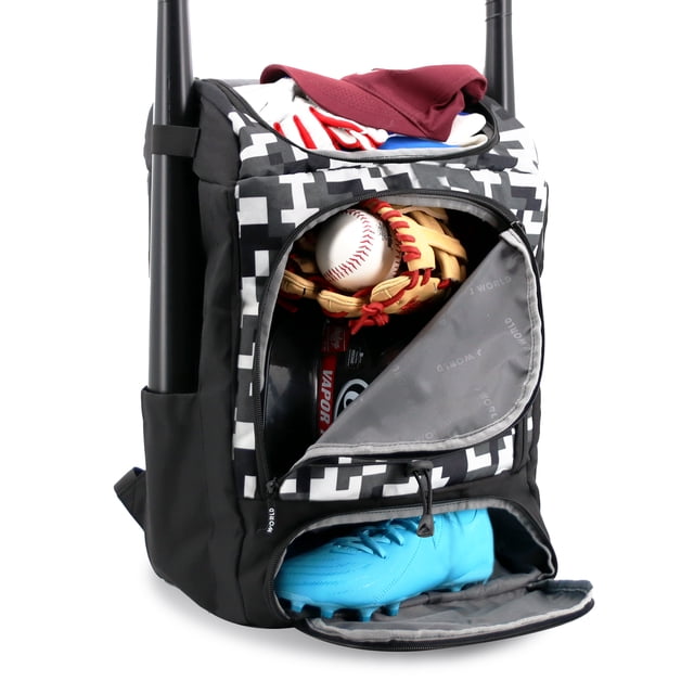 Mochila J World Athlete con compartimentos para zapatos y soportes para bates