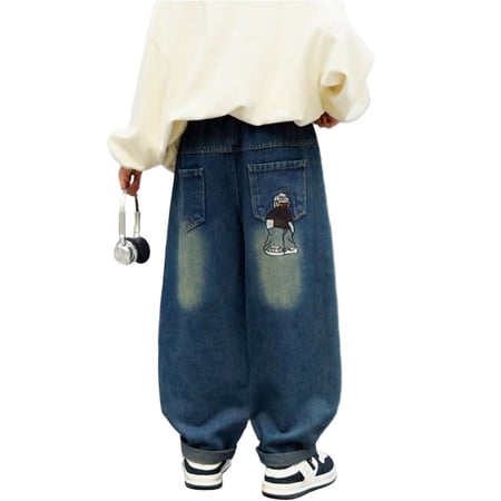 LIIPEE Boys Casual Denim Pants Cartoon Graphic Elastic Waist Loose Fit Pants Kids Autumn Comfortable Jeans Trousers With Pockets 15-16 Years