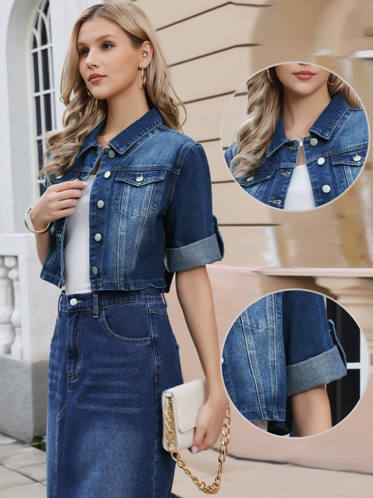 DARING DIVA Women's Rolled Sleeve Button Down Crop Jean Jacket S Deep Blue