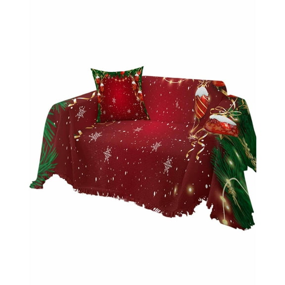 Christmas Snowflakes Red Sofa Couch Covers for Dog,Washable Sectional Couch Slipcovers for Loveseat with Tassels,Winter Xmas Balls Pine Branches Non Slip Sofa Throw Cover Blanket Large 71''x102''