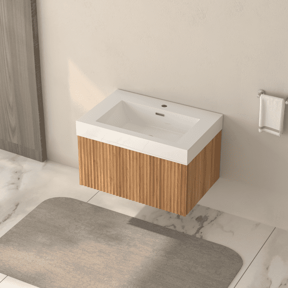 30" Wall Mounted Bathroom Vanity, Integrated Sink, Acacia Plywood Finish