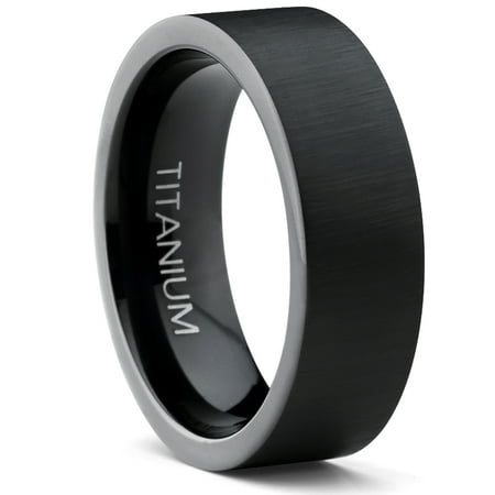 - 7MM Black Titanium Men's Flat Top Brushed Wedding Band Engagement Ring, Comfort Fit