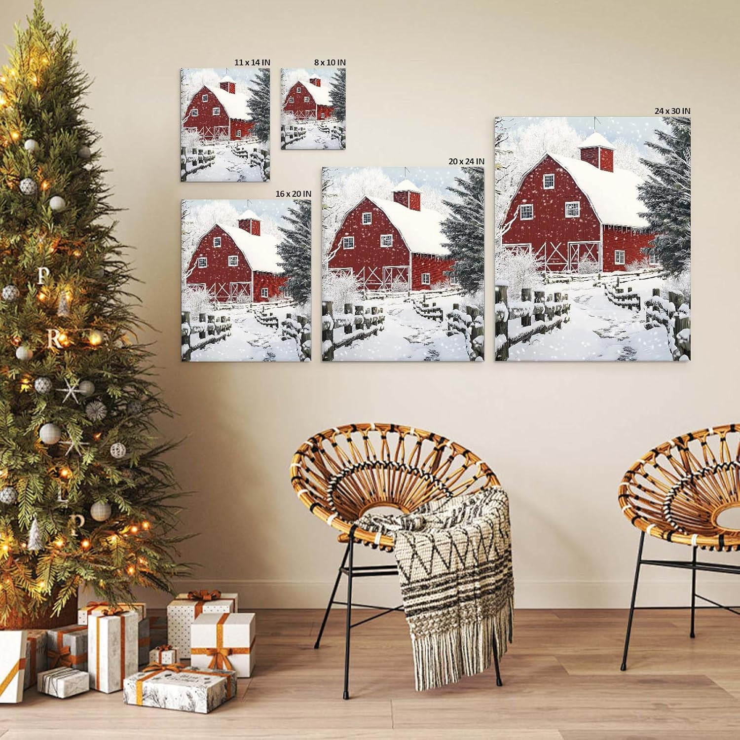 ChristmasCanvas Wall Art Decor with Farm, Red Walls, Snowy Road and Snow-Covered Pines, Holiday Canvas Print for Living Room and Bedroom, Farmhouse-Themed Christmas Wall Art?24X30 inch