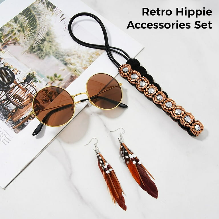 Hippie Costume Set, 60s 70s Women Hippie Costume Accessories Set, Tassel  Vest & Boho Headband & Tassel Earrings & Sunglasses, Sleeveless Fringe Vest  Hippie Set for Costume Party Cosplay 