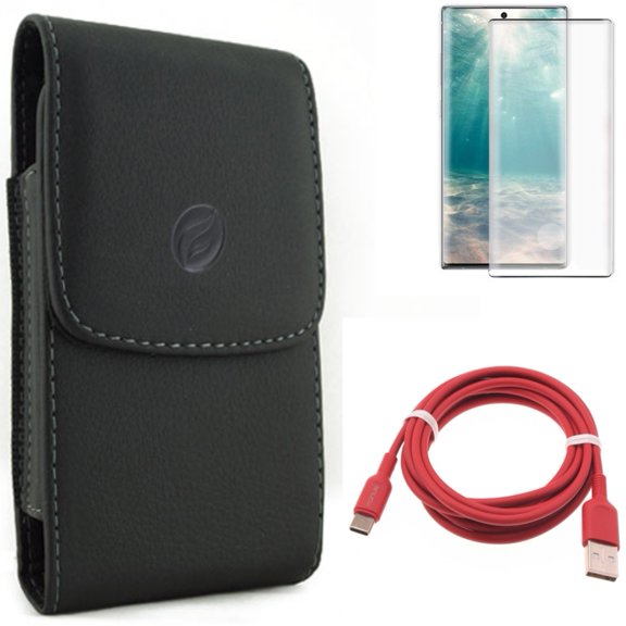 6ft USB-C Cable & Screen Protector & Case Belt Clip for Samsung Galaxy Note 20 (6.7") - Combo with Red Charger Cord & Tempered Glass (Fingerprint Unlock) & Leather Holster