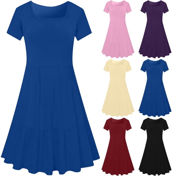 Bixock Women's Casual Midi Dresses,Crew Neck Short Sleeve Dresses,Summer Solid Color with Pockets Soft Stretchable Daily Outdoor Leisure Dresses