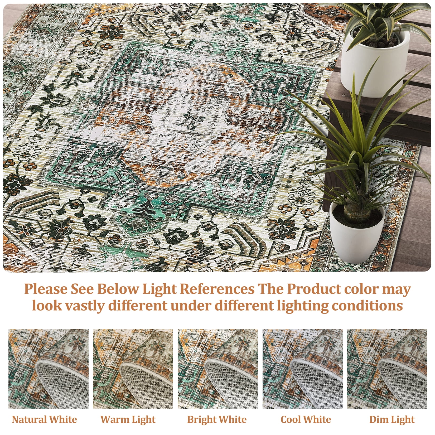 Hasoo Large 9' x 12' Vintage Area Rug for Living Room Bedroom Washable Floral Carpet, Rust