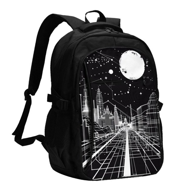 Disketp Futuristic Moonlit Cityscape Mochila de Viaje Estampada para Laptop con Puerto de Carga USB, Mochila Impermeable para Computadora – Regalo para Hombres y Mujeres